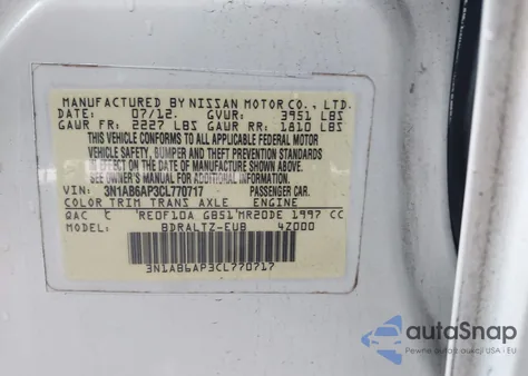 2012 Nissan Sentra 2.0 S z USA, uszkodzony, nr VIN 3N1AB6AP3CL770717